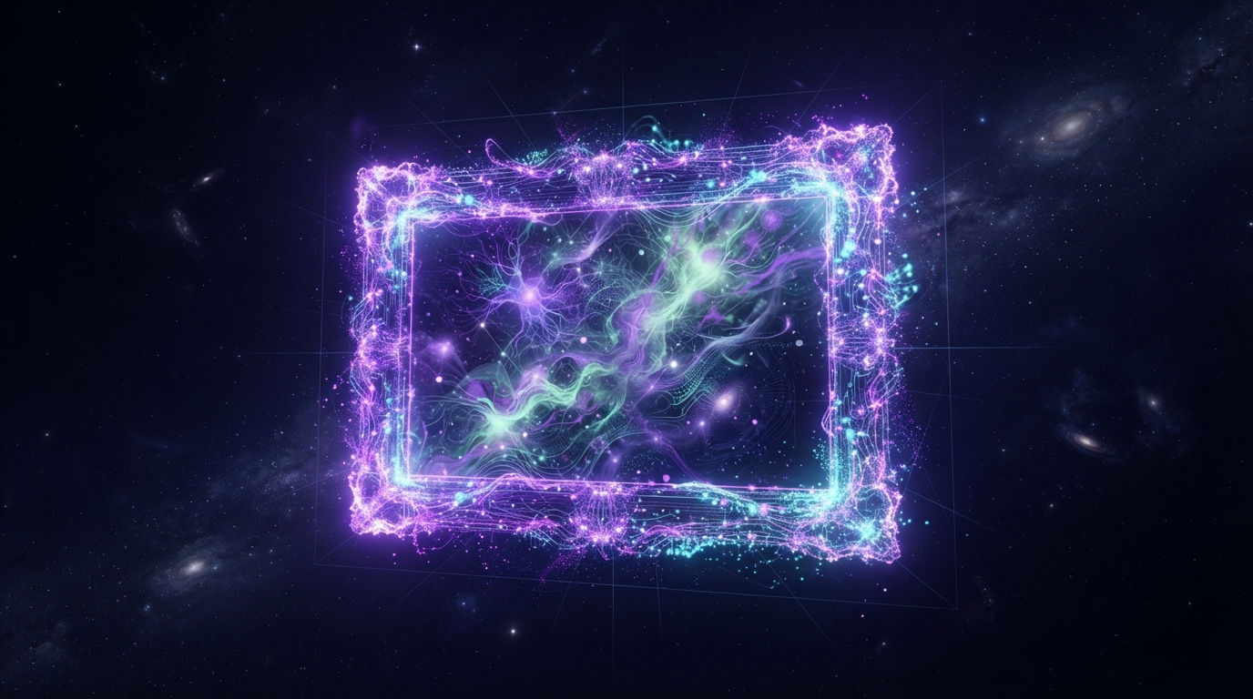 Abstract illustration of AI image generation: a glowing canvas surrounded by neural particles